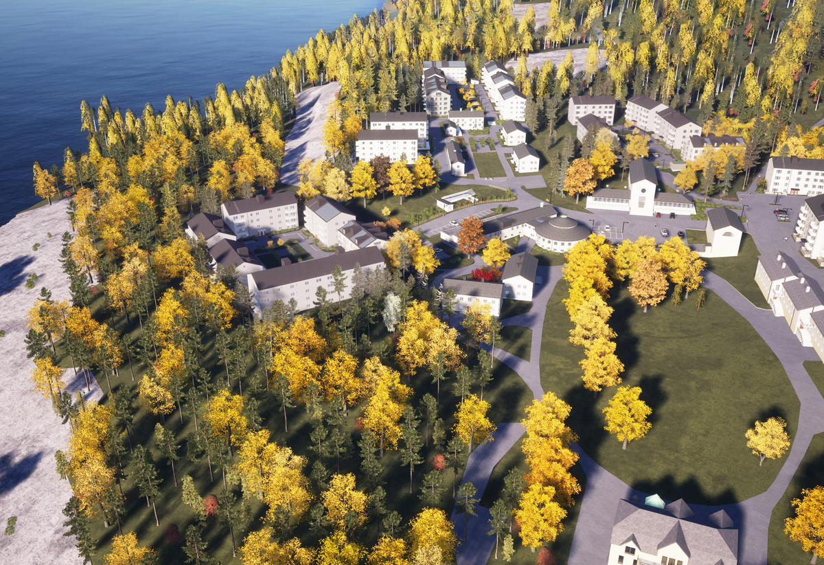 Animerad flygbild över Ängby park med de vita husen, Mälaren och skog runt om.