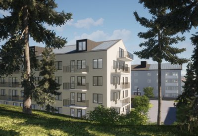 Visualisering av ett flerbostadshus med tallar i förgrund