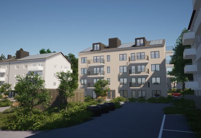 Visualisering av ett flerbostadshus. 3 beiga hus runt innergård med parkeringsplatser och grönska