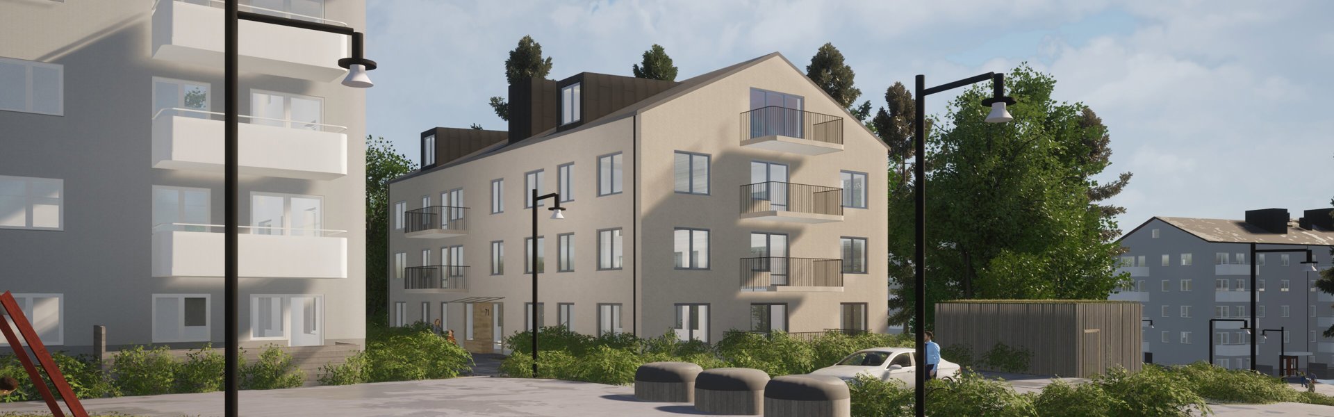 Visualisering av ett flerbostadshus. 3 synliga hus i ett kvarter sett från en gård.