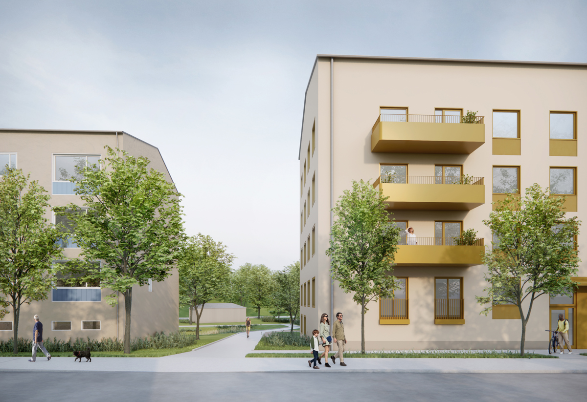 visionsbild på tänkt byggnad putsad beige fasad med gul-guldiga balkonger och fönsterdetaljer. Vy sett från gata.