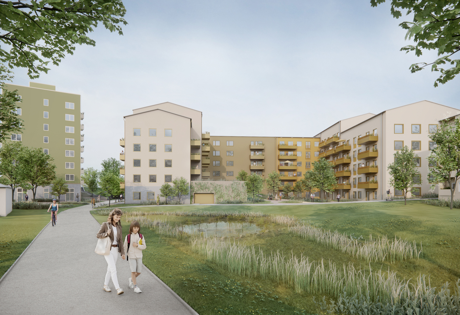 visionsbild på tänkta byggnader i bakgrund med parkmiljö i förgrund.