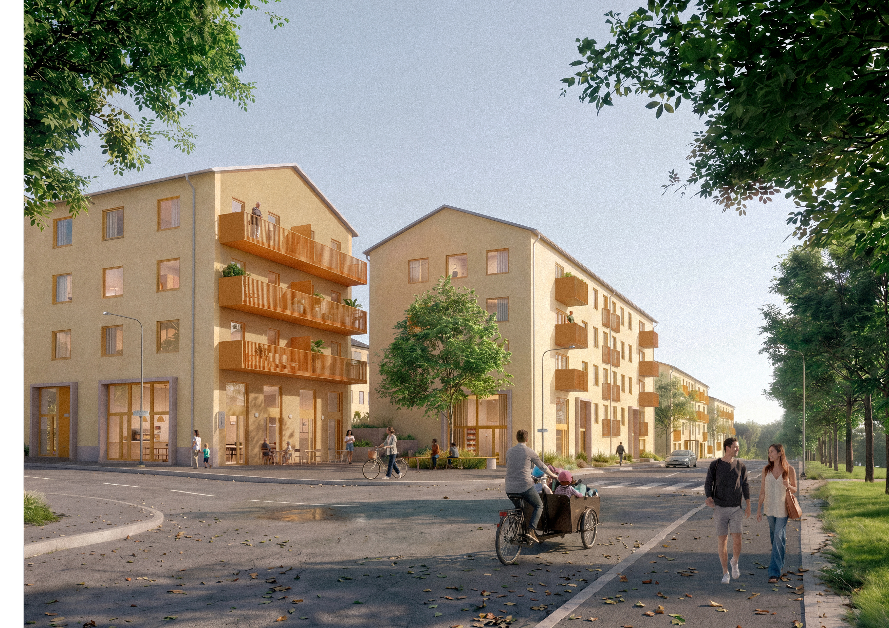 Visionsbild över två nya hyreslägenhetshus. Två ljusgula byggnader i en korsning där människor rör sig framför