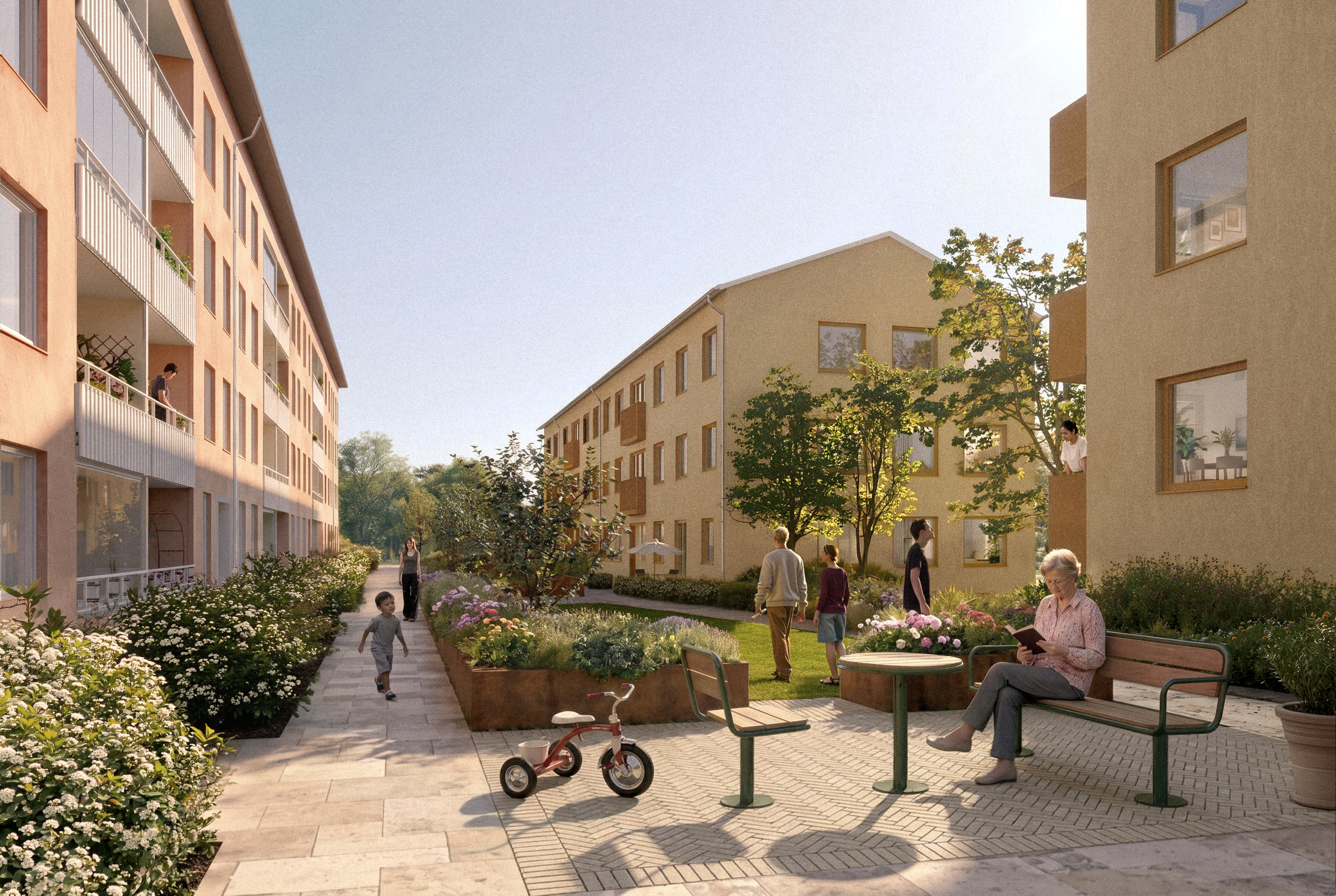 Visionsbild över två nya hyreslägenhetshus och gården som skapas mot det befintliga huset. En stenbeklädd innergård med planteringar och människor i rörelse