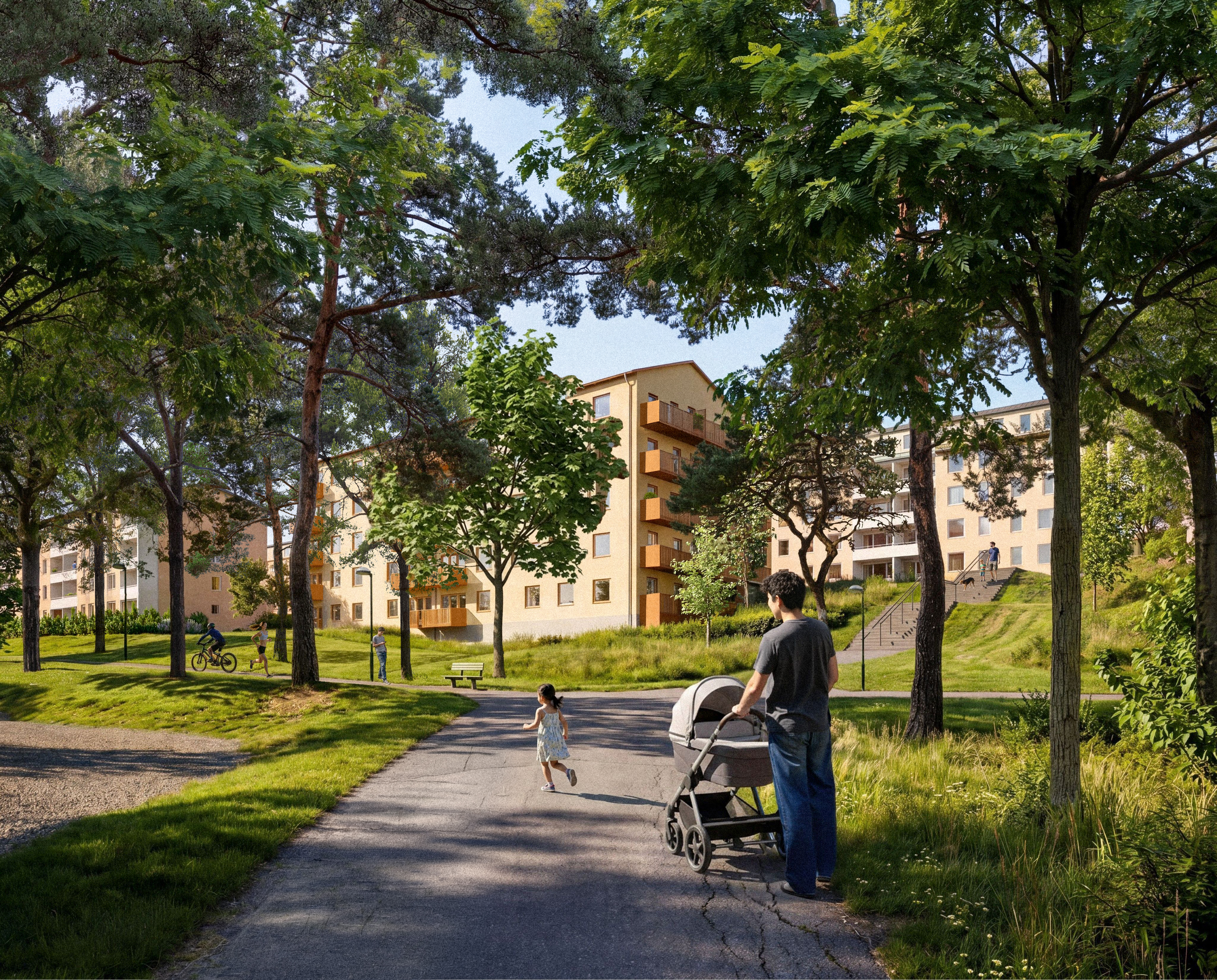 Visionsbild över nya hyreslägenhetshus som anas bakom en skogsglänta där de promenerar en pappa med barnvagn på gångvägen. 