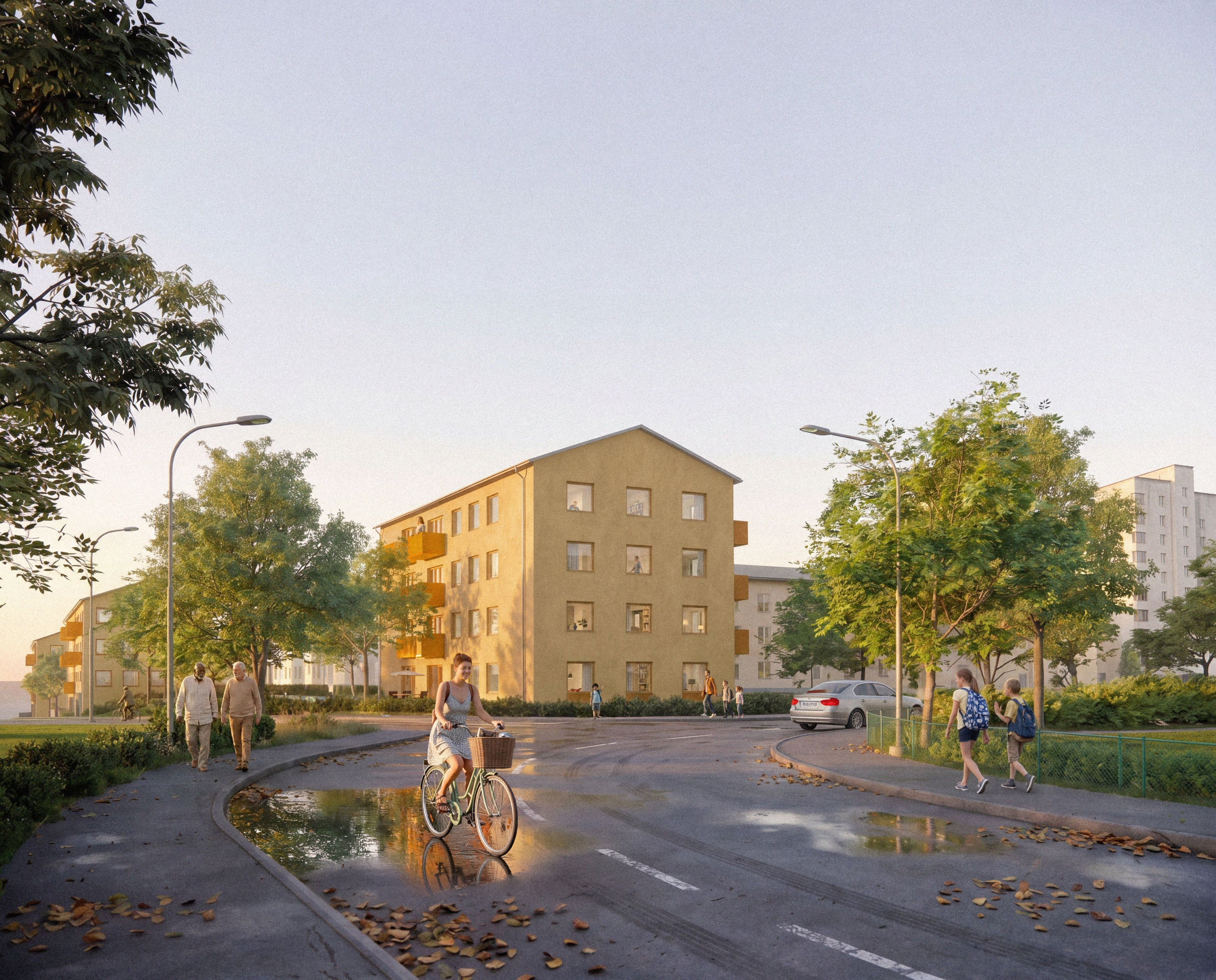 Visionsbild över nytt hyreslägenhetshus. En ljusgul byggnad i en korsning där människor rör sig framför