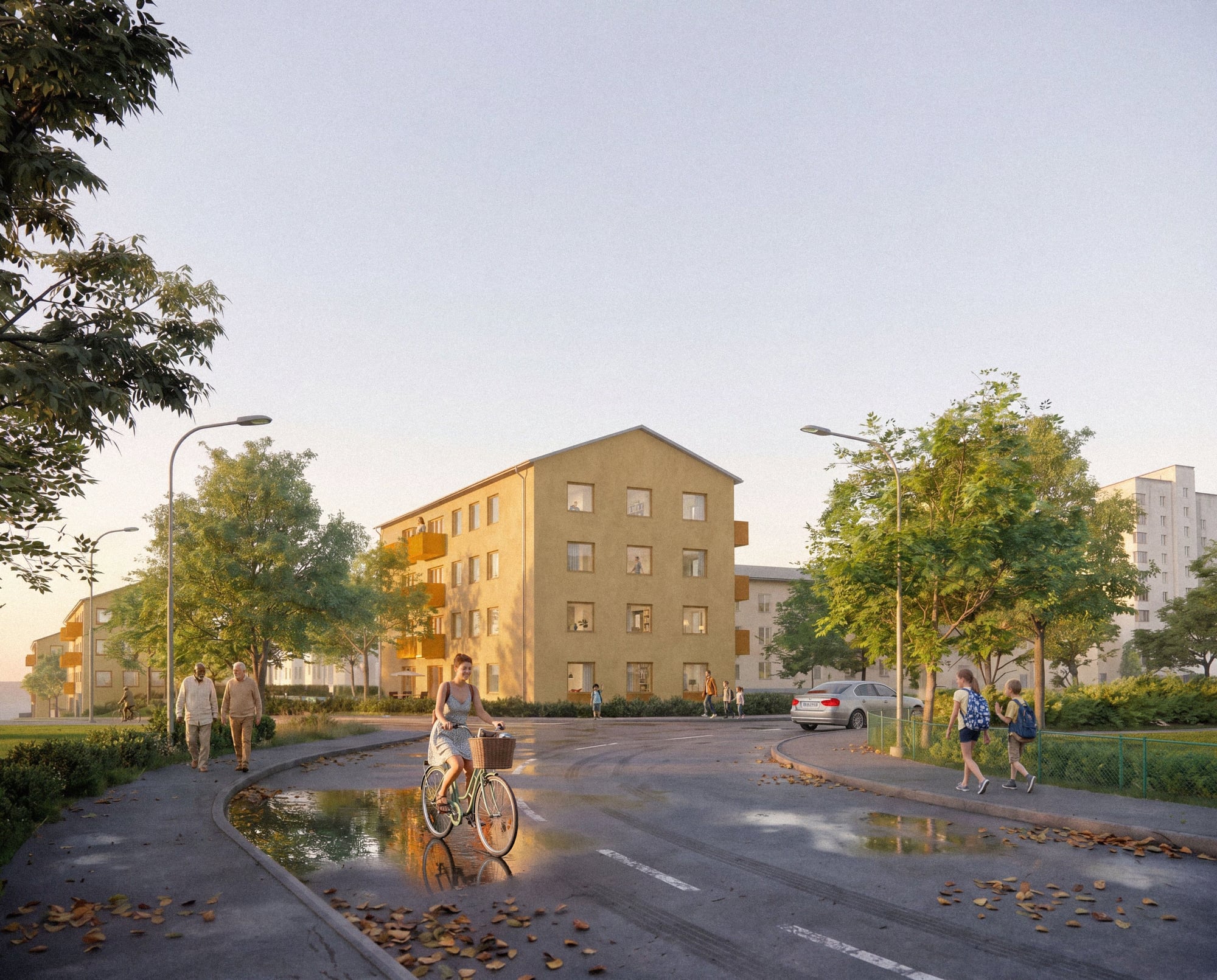 Visionsbild över nytt hyreslägenhetshus. En ljusgul byggnad i en korsning där människor rör sig framför