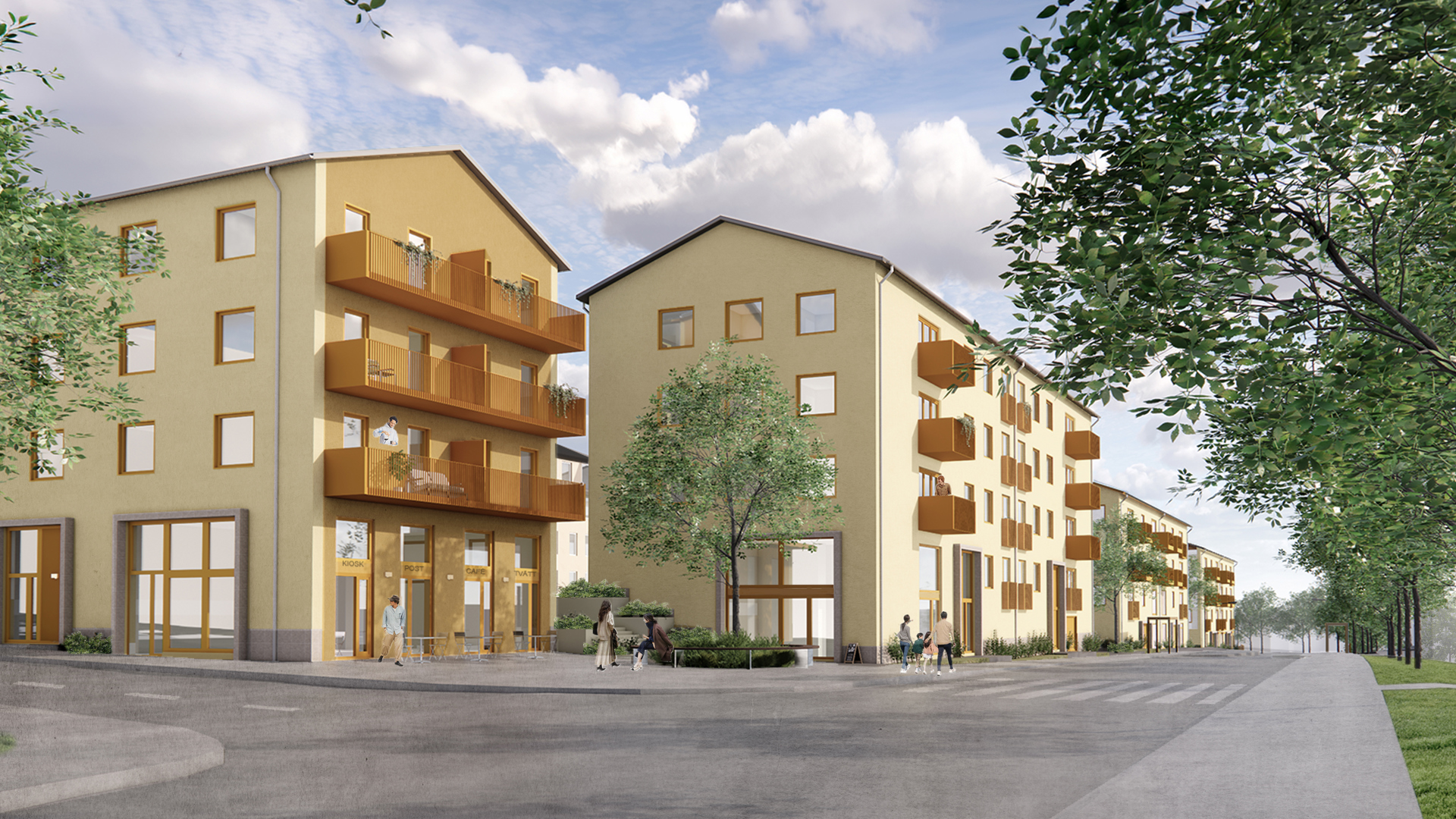 visionsbild över nya byggnader. Två ljusgula hus som står i vinkel och skapar ett lite torg i förgrund. 