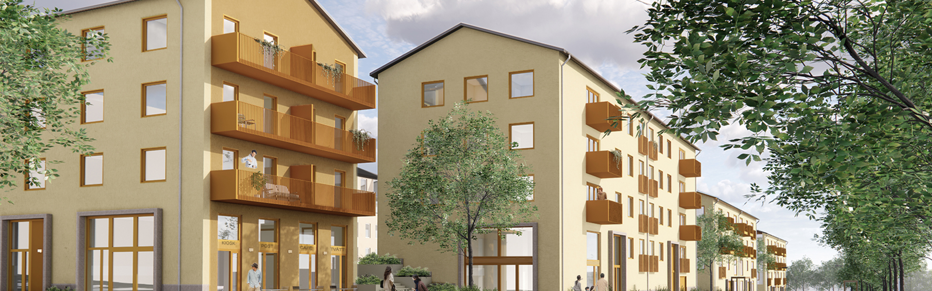 visionsbild över nya byggnader. Två ljusgula hus som står i vinkel och skapar ett lite torg i förgrund. 