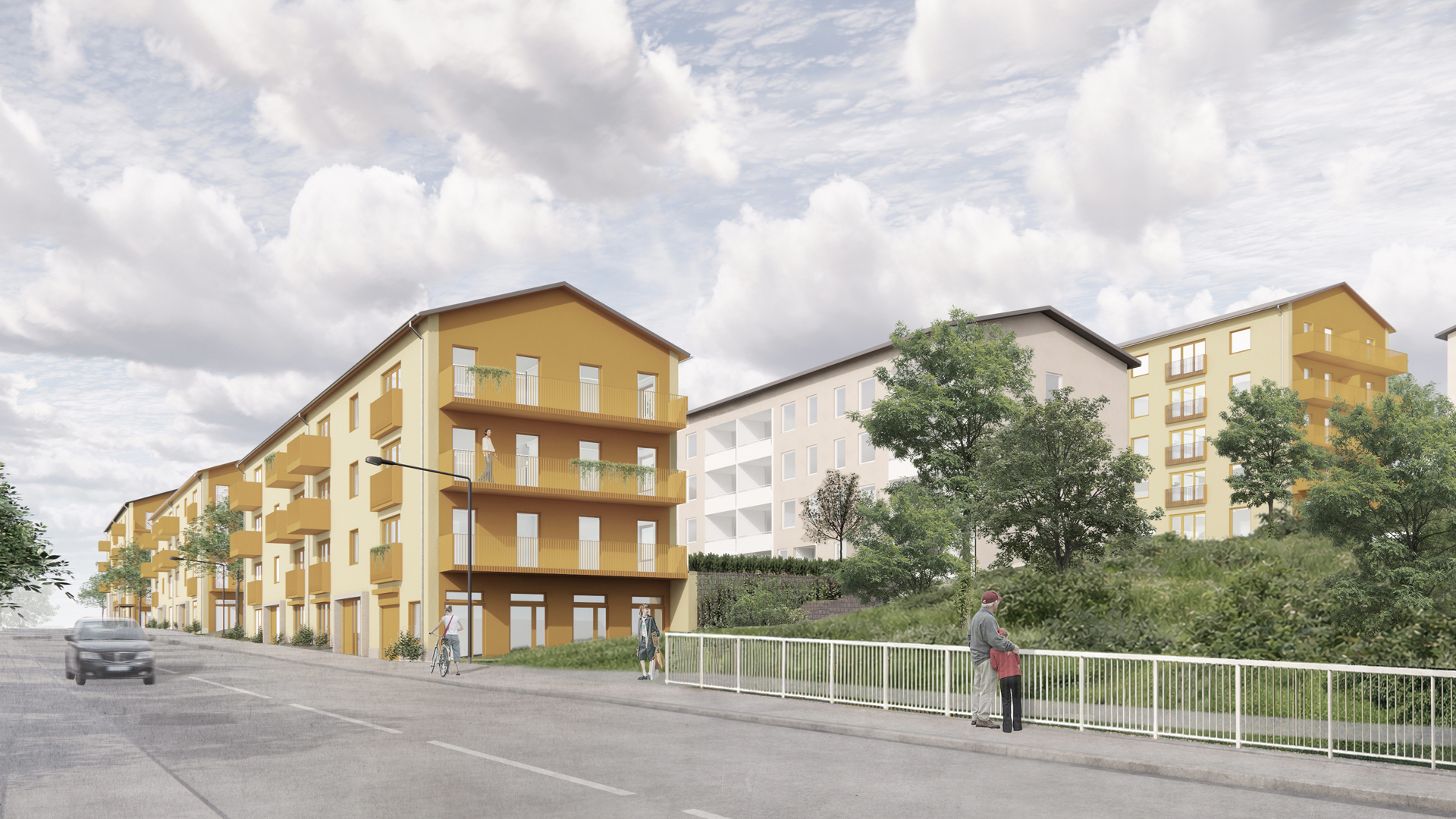 visionsbild på kommande hus. Ljusgult hus som står efter större väg. 