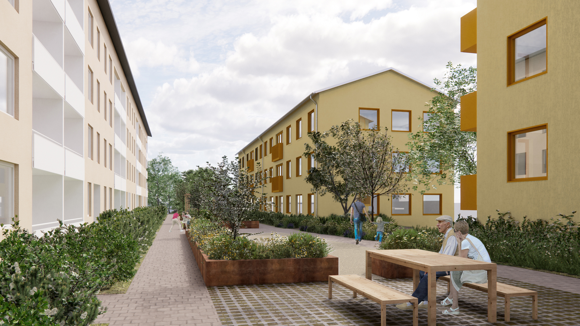 Visionsbild över nya hus. ljusgula husbyggnader som möter dagens vita byggnader med innergård. 