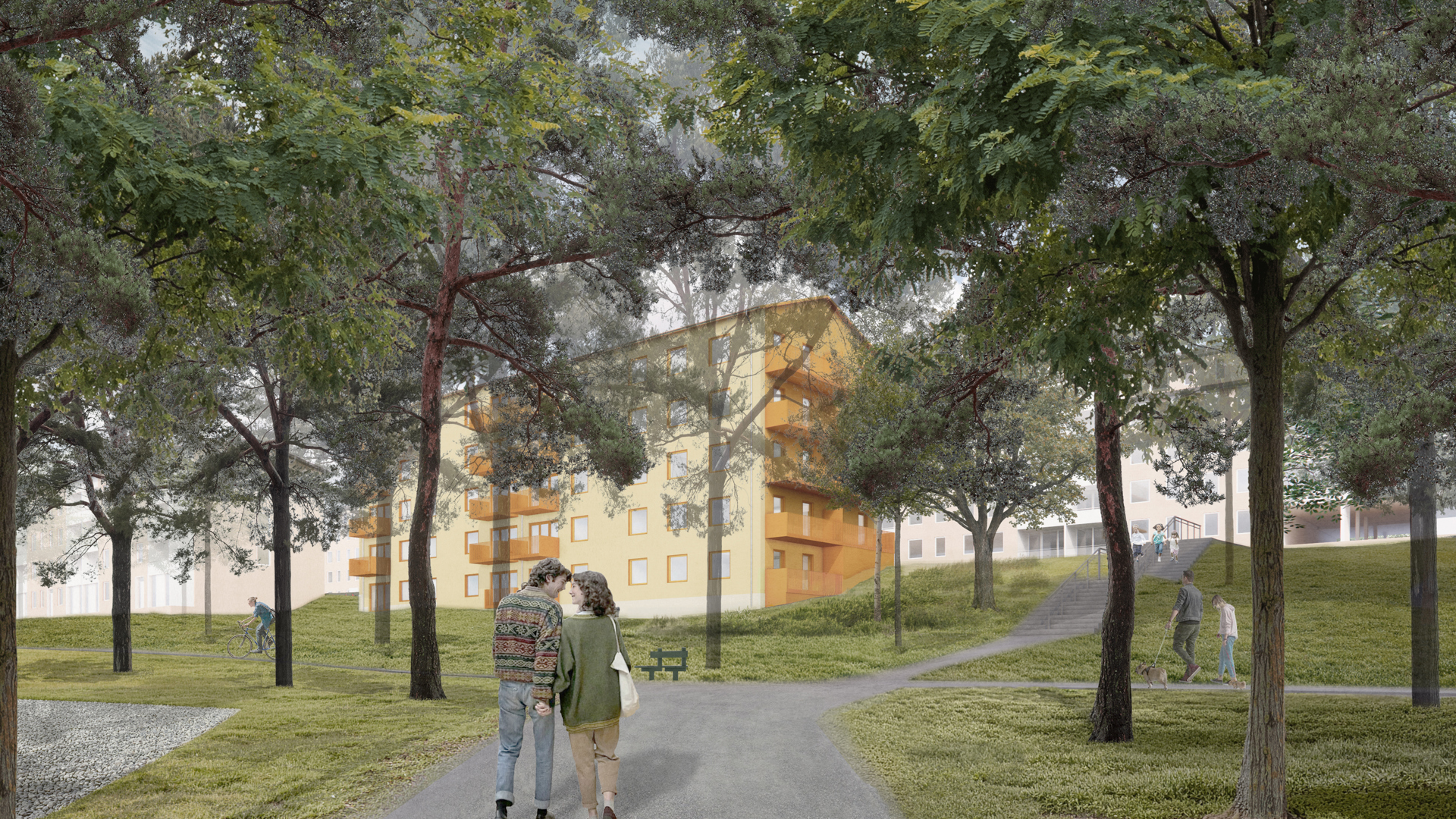 Visionsbild som visar nytt ljusgult hus från gångväg genom skogsdunge. 