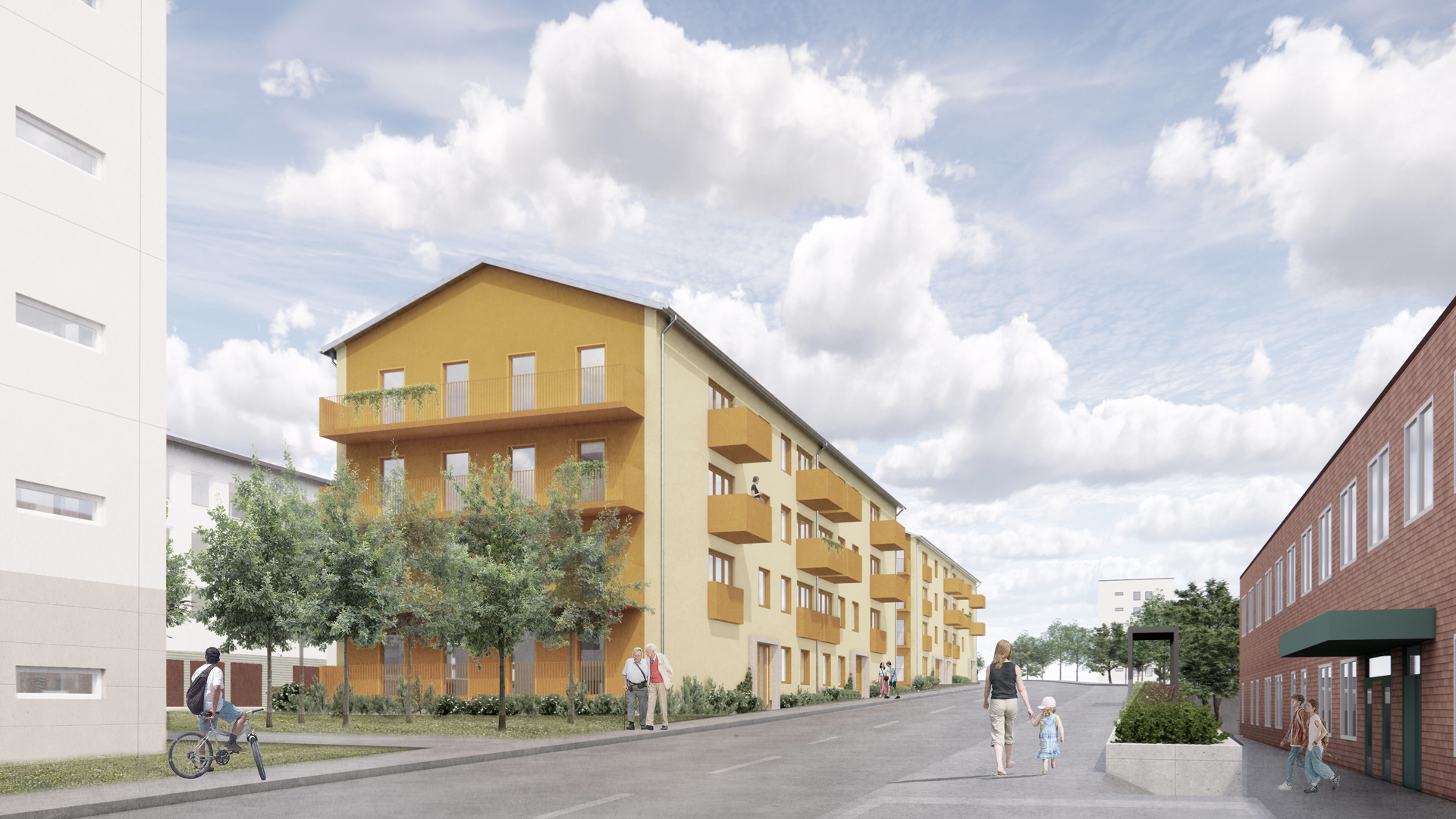 visionsbild som visar planerad byggnad i ljusgul fasad längs gata.