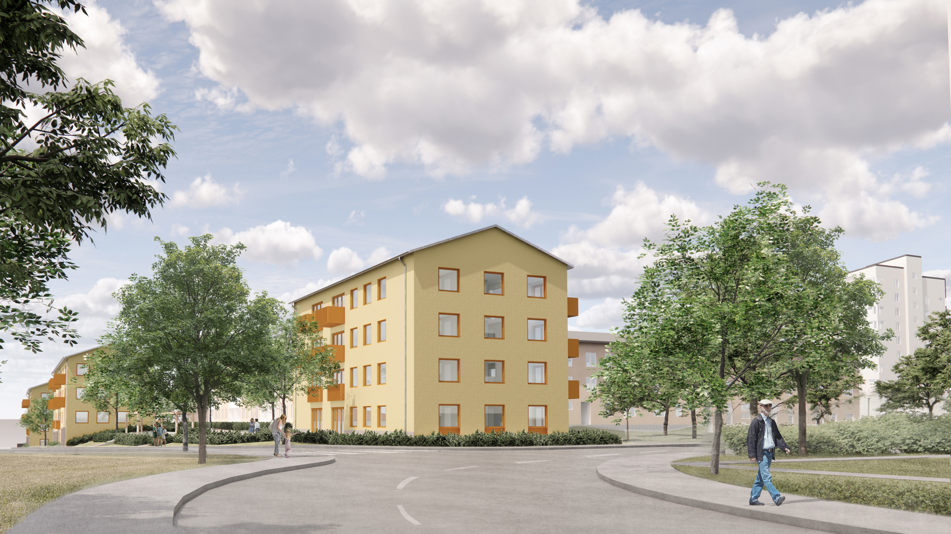 Visionsbild som visar ljusgul ny byggnad i korsning. 