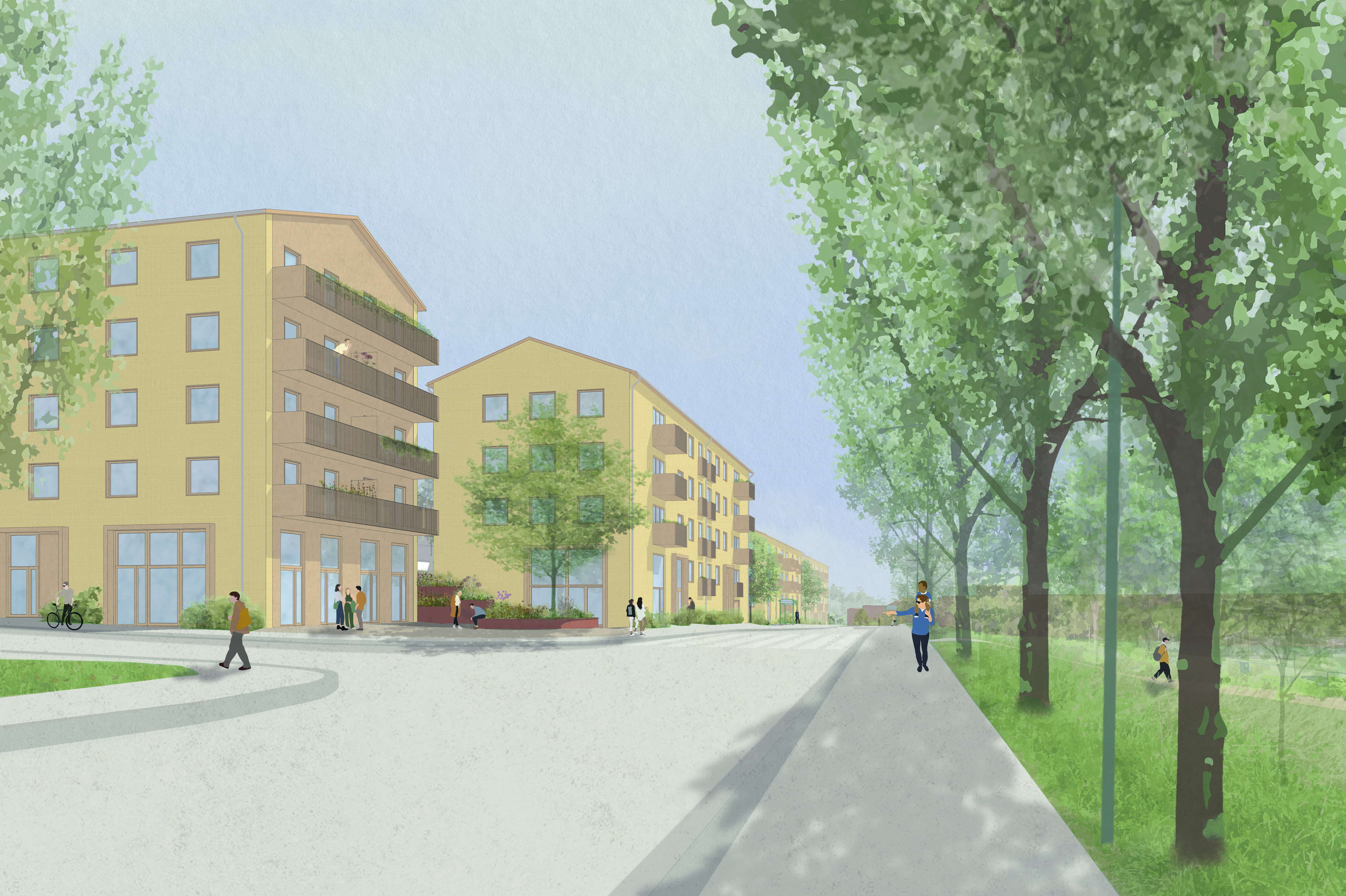 visionsbild över Bredängs Allé med nya bebyggelse. Skissade beigea hus längs gata med träd på andra sidan gatan.