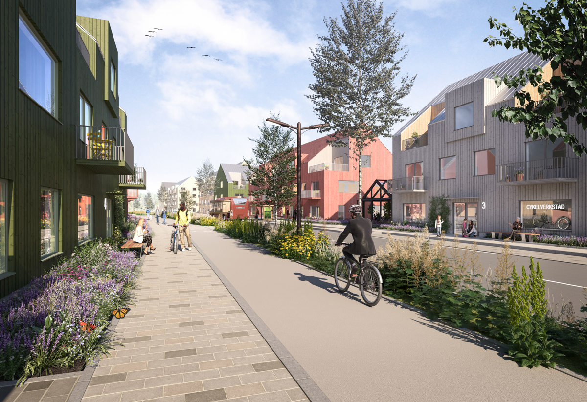 visionsbild. Gata med hus på vardera sida, gång och cykelväg med cyklister