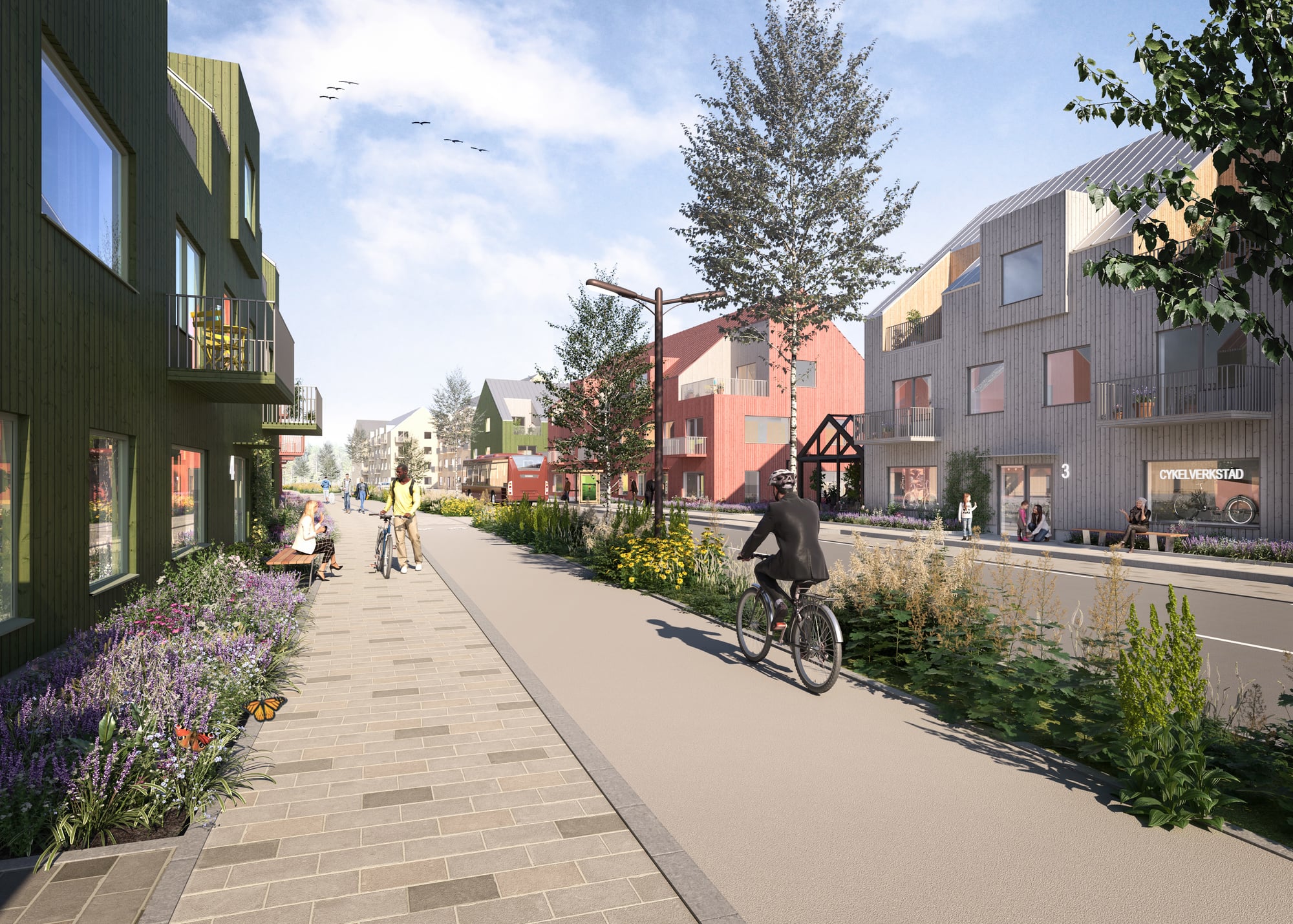 visionsbild. Gata med hus på vardera sida, gång och cykelväg med cyklister