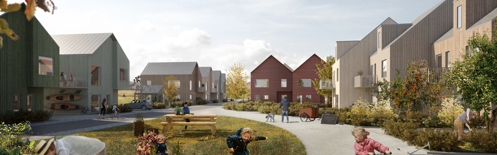 Visionsbild med flicka på sparkcykel i villakvarter