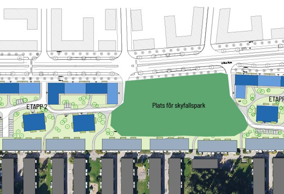 Karta där man ser inritade rutor  var ny bebyggelse kommer ligga