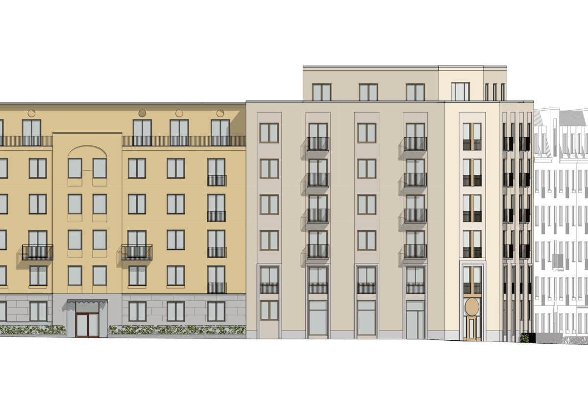 fasadskiss med en gul och beige fasad sett från Ekebovägen