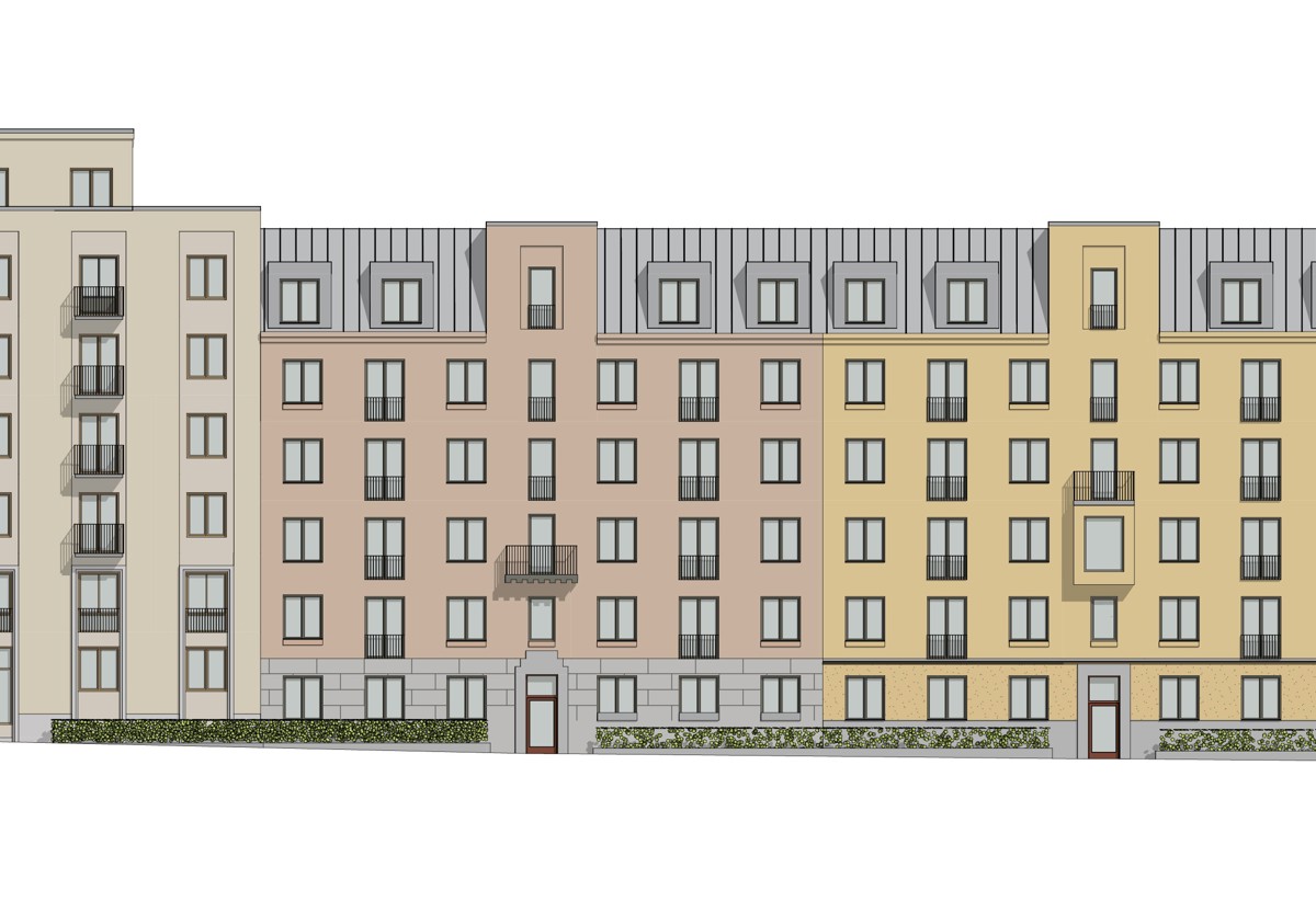Fasadskiss med fyra fasader i beiget, brunrosa, gult och grönt. Sett från Mälarvägen 