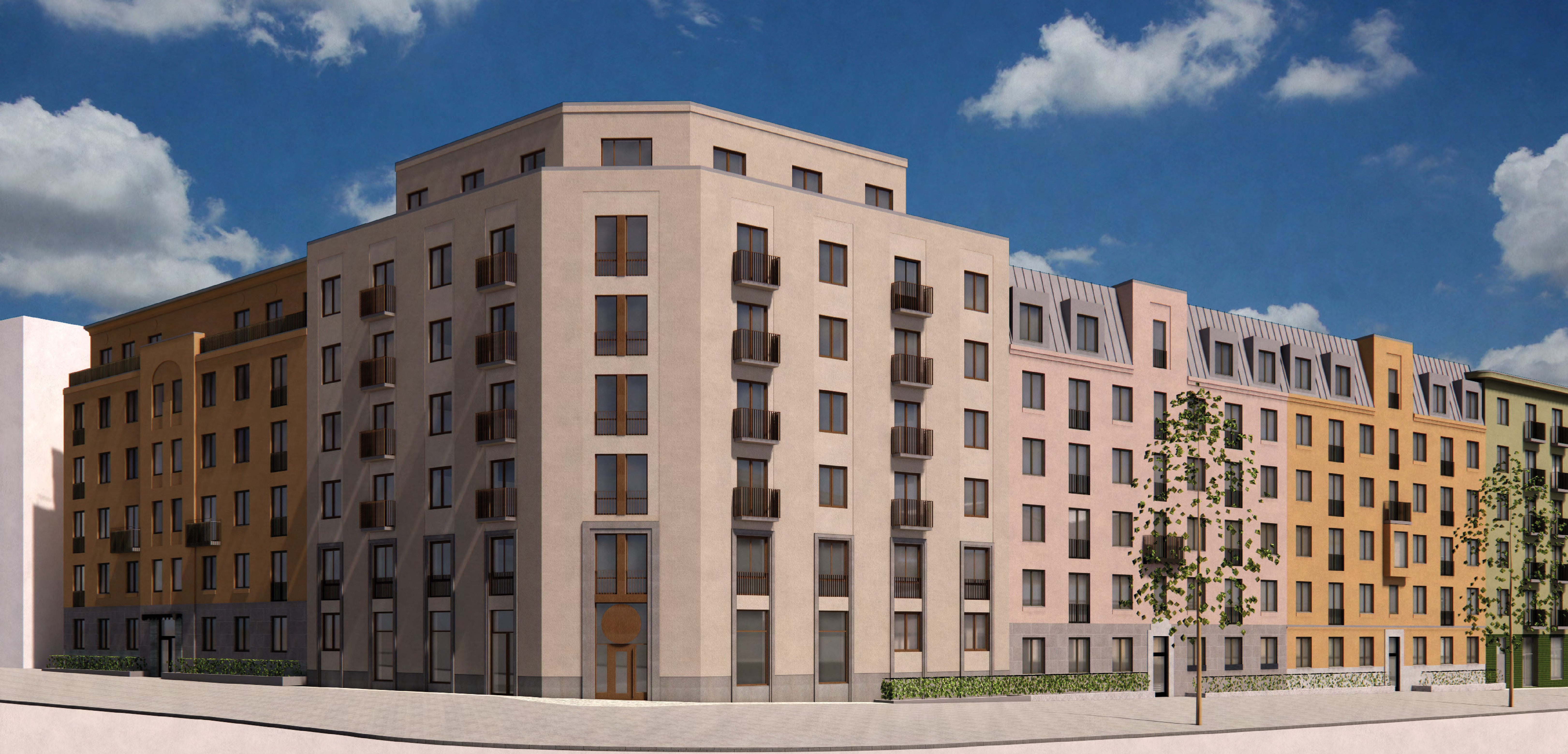 Visionsbild på ny byggnation. Vy från korsning som visar visionsbilder på byggnaderna och dess fasader. 