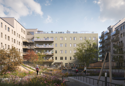 visionsbild på fastighet i två delar, sedd från innegården med träd och lekplats. 