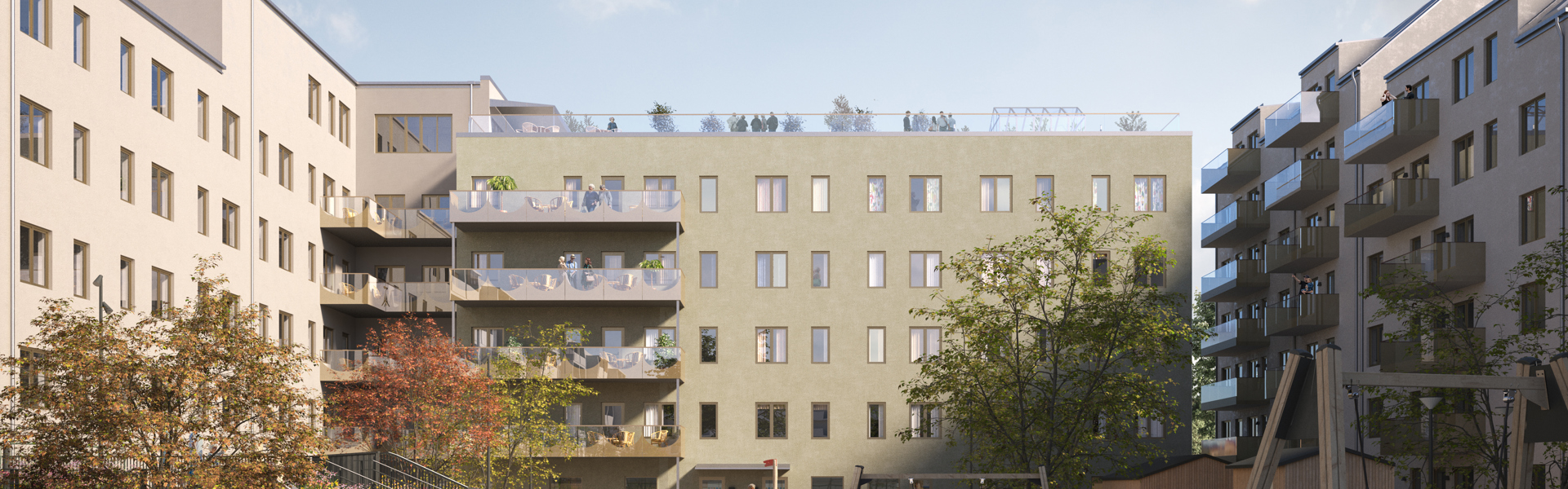 visionsbild på fastighet i två delar, sedd från innegården med träd och lekplats. 