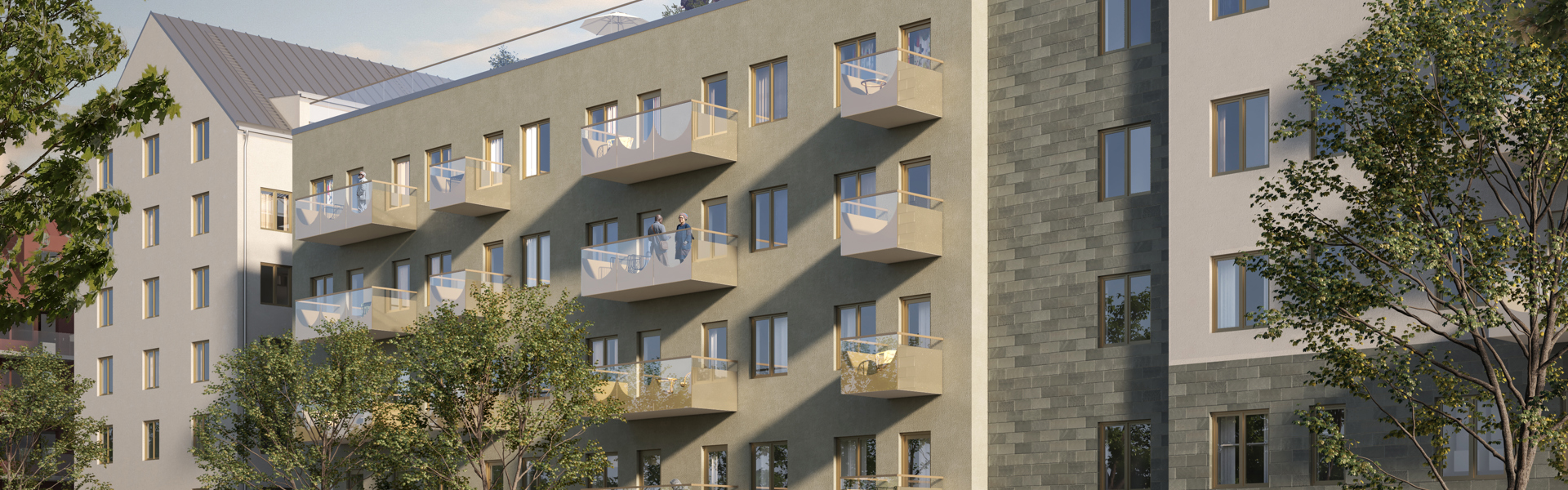 exteriör visionsbild på fastighet med ljus fasad och balkonger, sedd från gatan