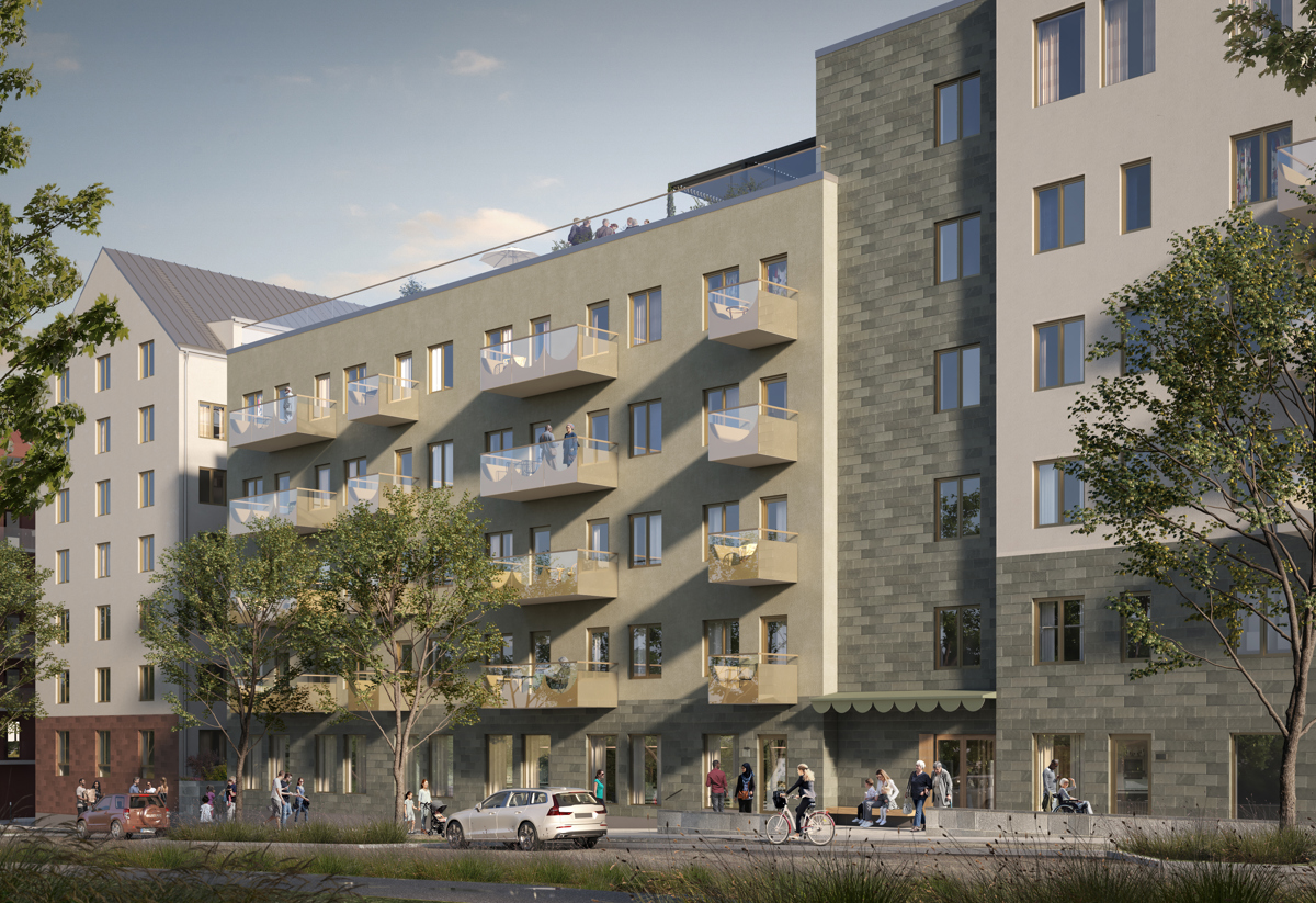 exteriör visionsbild på fastighet med ljus fasad och balkonger, sedd från gatan