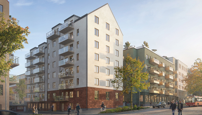 exteriör visionsbild på ljus fasad med rött tegel i bottenvåning, sedd från gatan