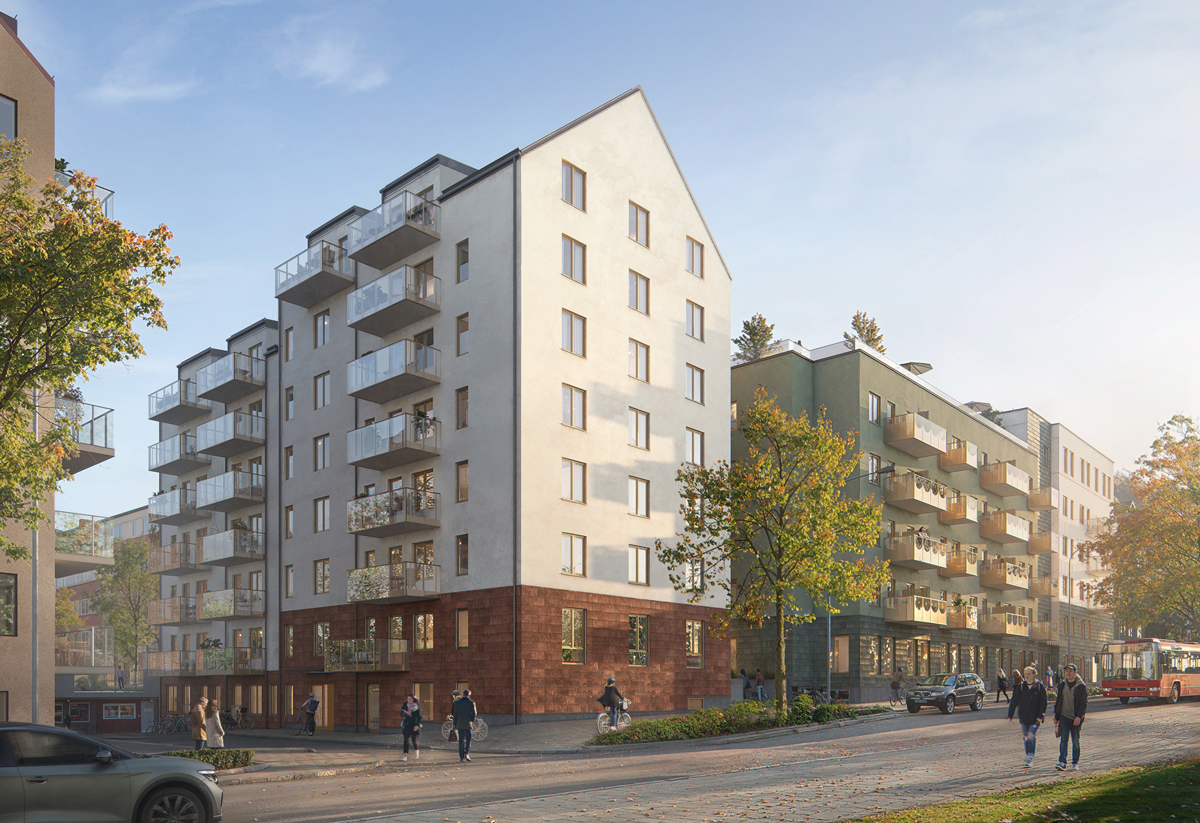 exteriör visionsbild på ljus fasad med rött tegel i bottenvåning, sedd från gatan