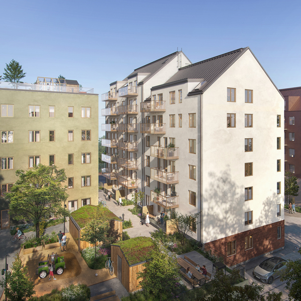 exteriör visionsbild på ljus fasad med rött tegel i bottenvåning, sedd från innegården