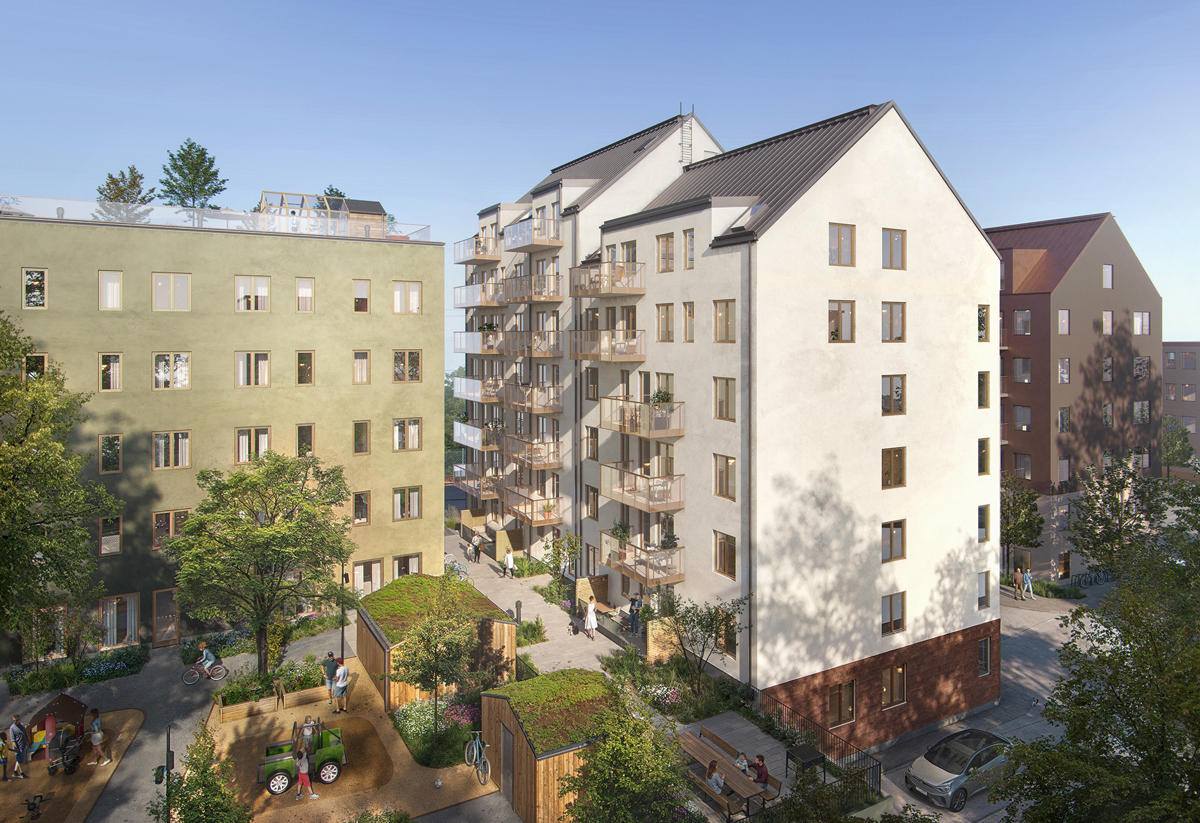 exteriör visionsbild på ljus fasad med rött tegel i bottenvåning, sedd från innegården