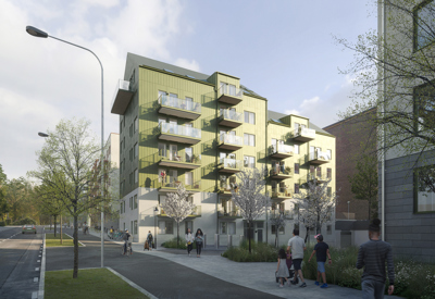 exteriör visionsbild på en fastighet i grön plåt, sedd från gatan