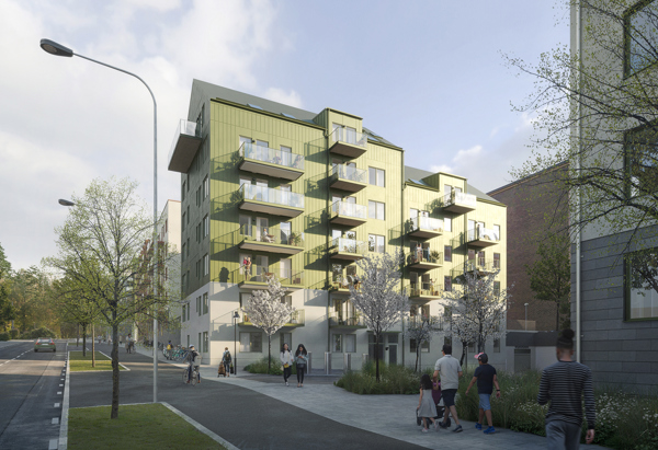 exteriör visionsbild på en fastighet i grön plåt, sedd från gatan
