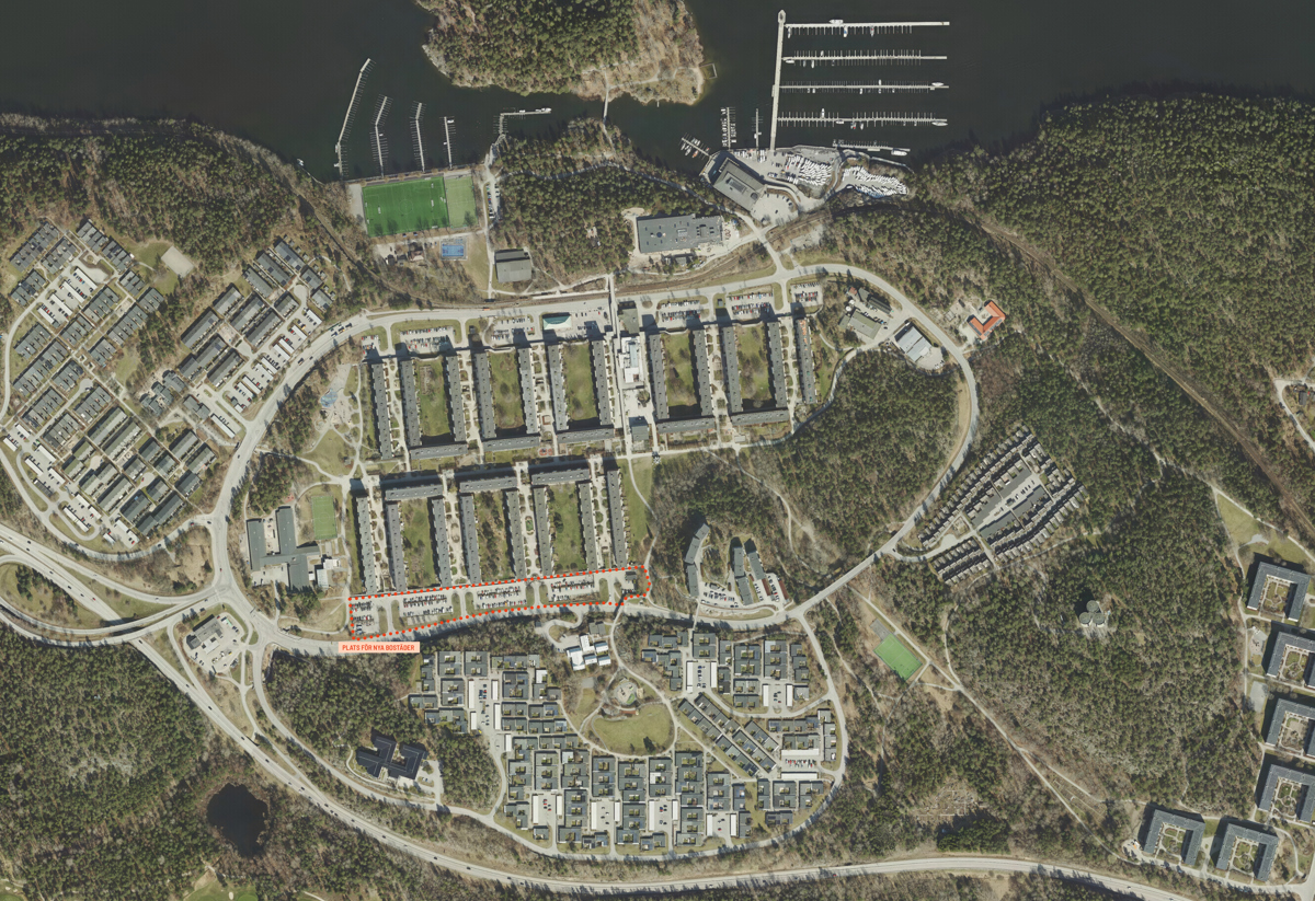 Flygbildskarta över Fisksätra med ruta för aktuellt utvecklingsområde