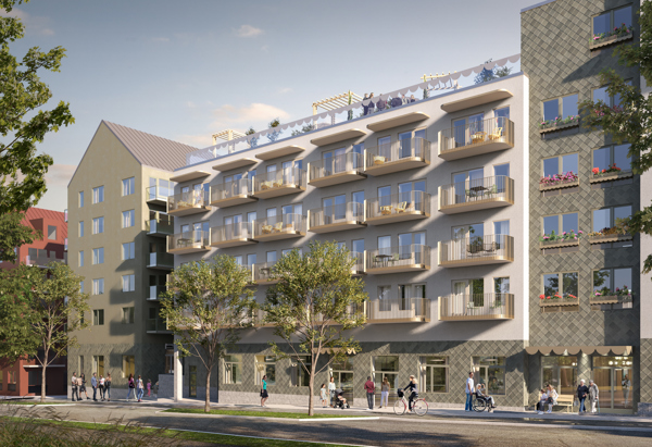visionsbild. Skissad byggnad med fasad och balkonger, takterrass
