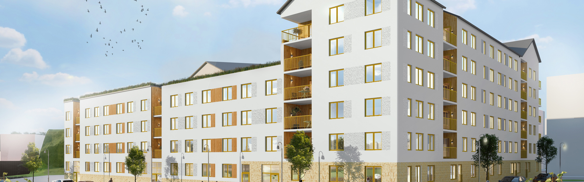 illustrerad vision av projektet Atlantis. Flerfamiljshus, byggnad i ljus fasad och gulaktig sockelvåning.