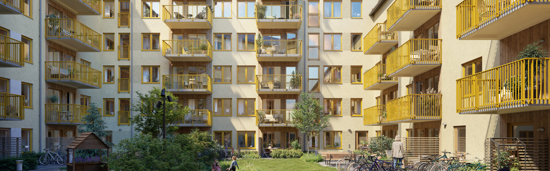 Visionsbild, innergård med gröna ytor.