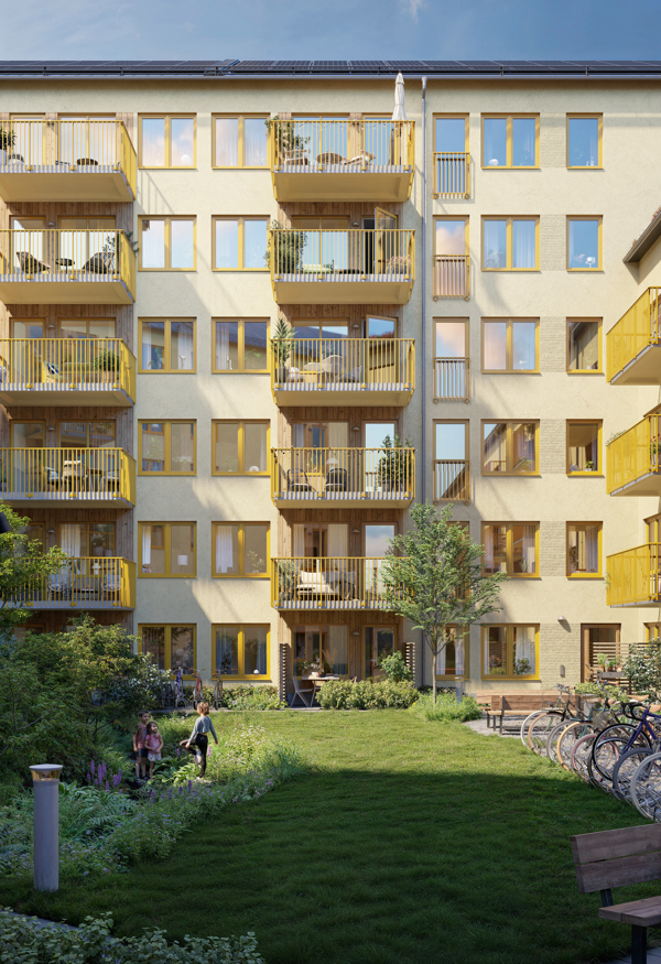 Visionsbild, innergård med gröna ytor.