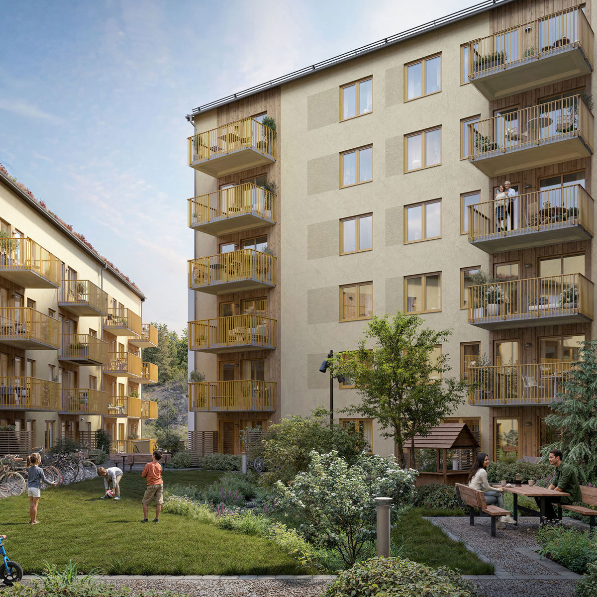 Visionsbild på projekt Atlantis i Vega på en grönskande gård med fokus på huset