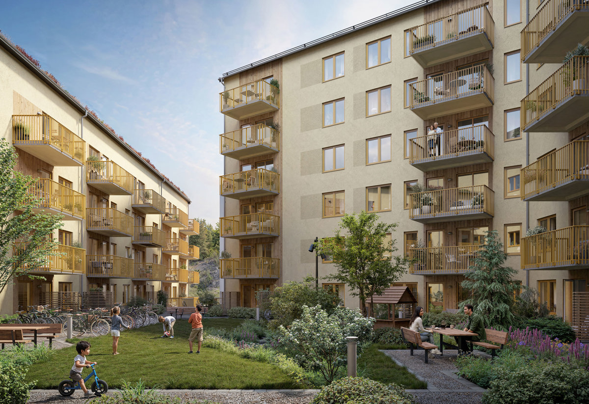 Visionsbild på projekt Atlantis i Vega på en grönskande gård med fokus på huset