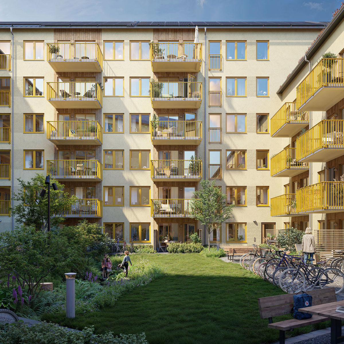 Visionsbild på projekt Atlantis i Vega på en grönskande gård med fokus på huset