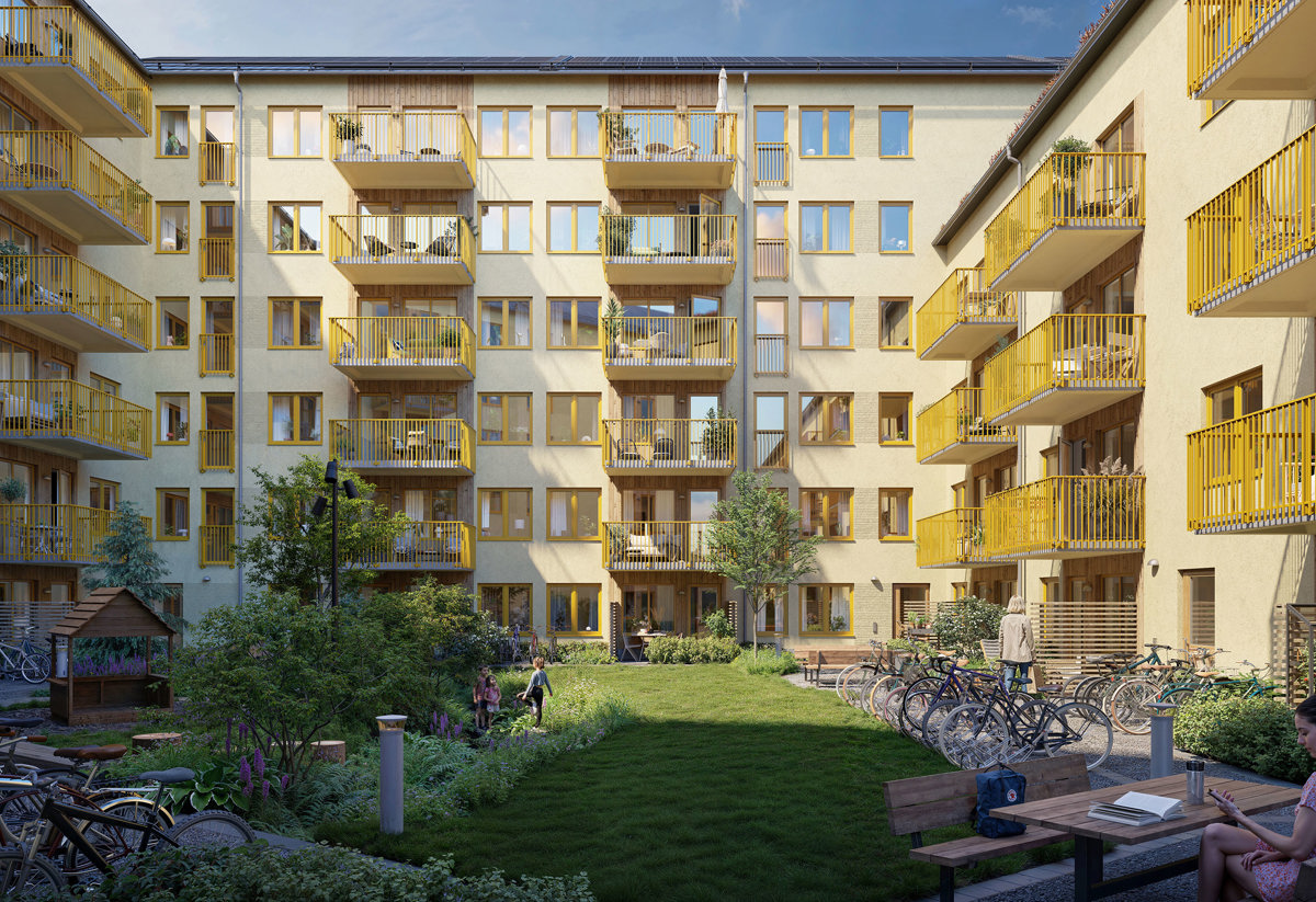 Visionsbild på projekt Atlantis i Vega på en grönskande gård med fokus på huset