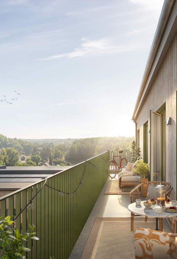 Visionsbild på rymlig balkong med utemöbler, växter och solig utsikt över natur och tak