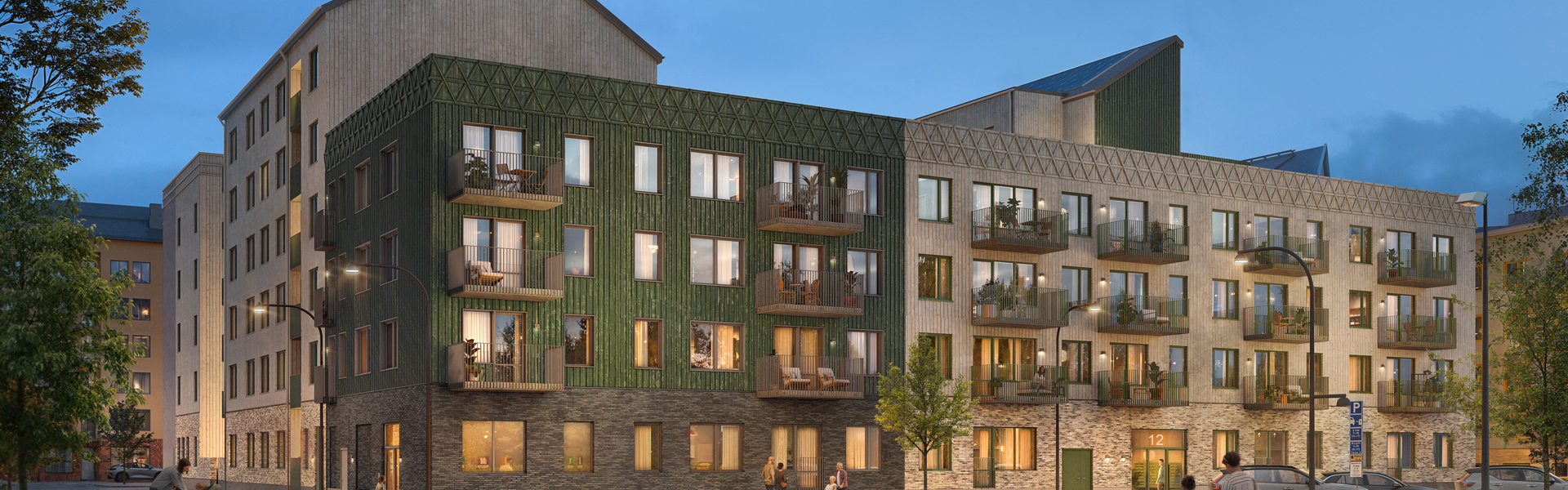 Visionsbild av nyproducerat bostadshus med balkonger intill park i kvällsljus.