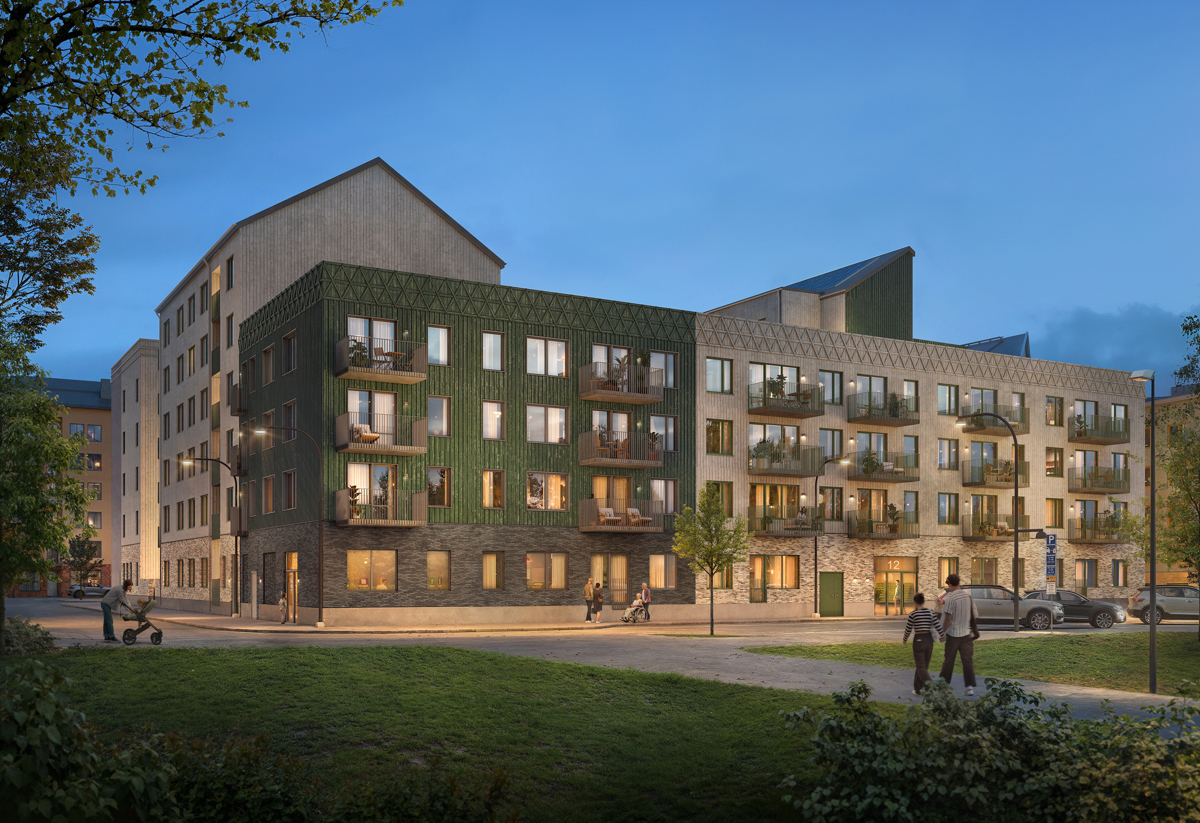 Visionsbild av nyproducerat bostadshus med balkonger intill park i kvällsljus.