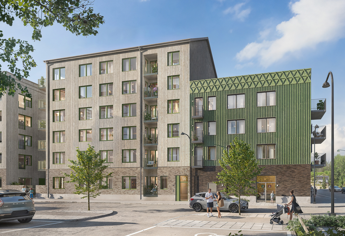 Visionsbild av modernt bostadshus med balkonger och grön fasad mot gata med bilar, träd och gående i dagsljus.