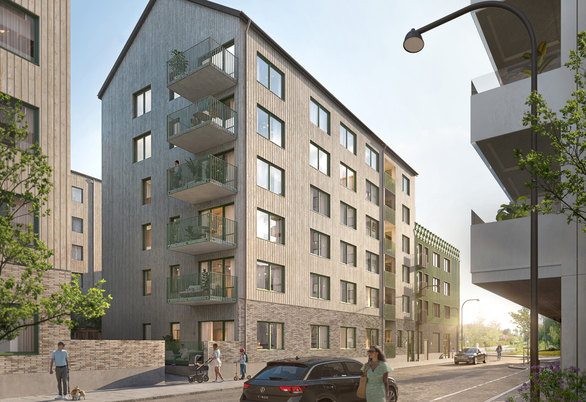 Visionsbild av modernt flerbostadshus med balkonger längs stadsgata med bilar och gående i mjukt morgon- eller kvällsljus.